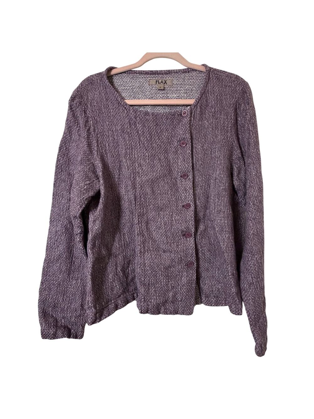 Sm FLAX Purple Linen Cardigan Honeycomb Weave Asymmetrical Button Lagenlook Chic